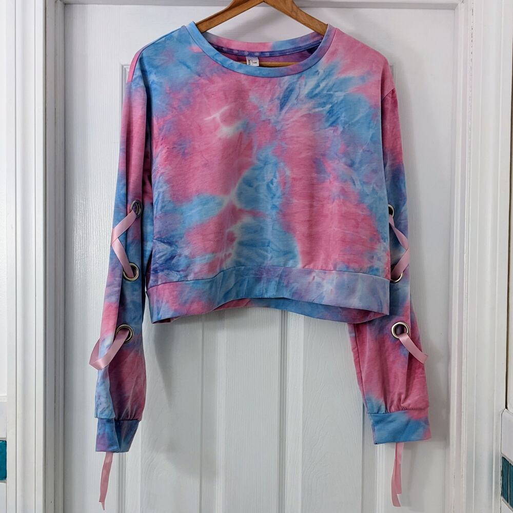 Pastel tie-dye sweatshirt with ribbon sleeve detail